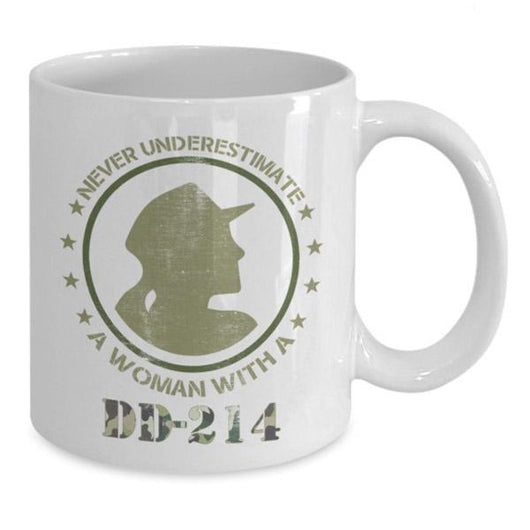 Never Underestimate A Woman With A DD-214 Veteran Mug, Coffee Mug - Daily Offers And Steals